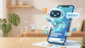 A futuristic 3D illustration of a friendly blue and white AI chatbot floating out of a smartphone screen with glowing digital chat bubbles and tech icons.