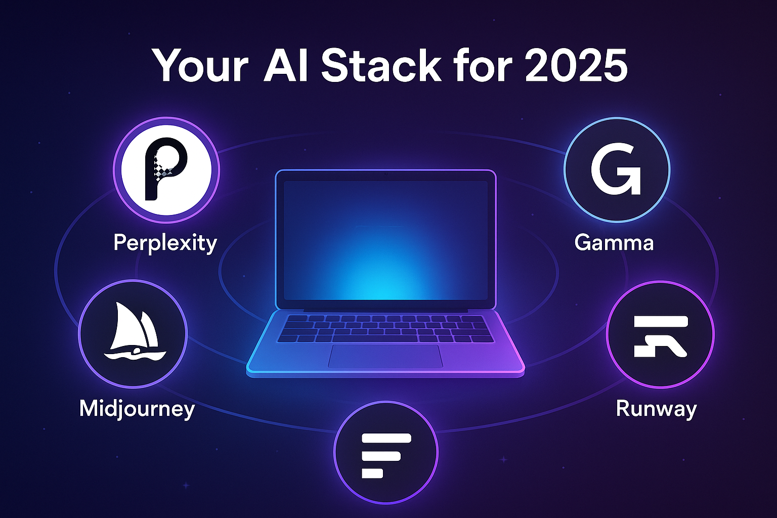 Illustration of top AI tools in 2025 boosting productivity, creativity, and business growth with icons for ChatGPT, Perplexity, Midjourney, Notion, and more.