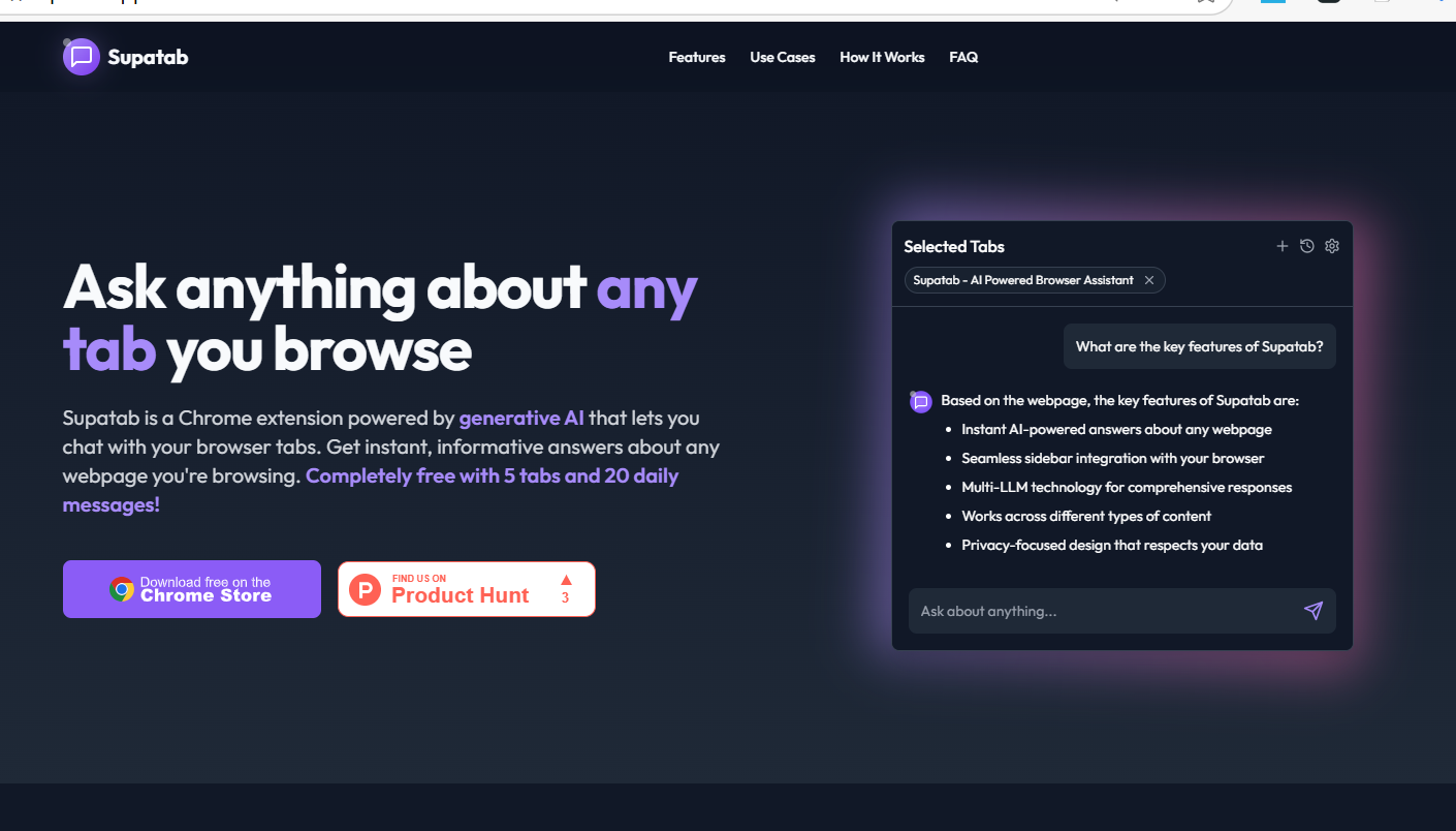 Supatab AI Chrome extension lets users chat with browser tabs to get instant summaries, comparisons, and answers.